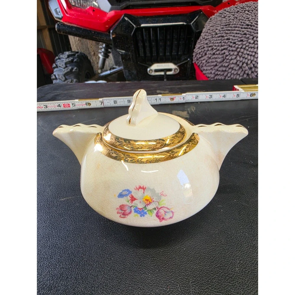 Vintage Floral Ceramic Sugar Bowl with Lid 22K Gold Trim Crazed Glaze Cream